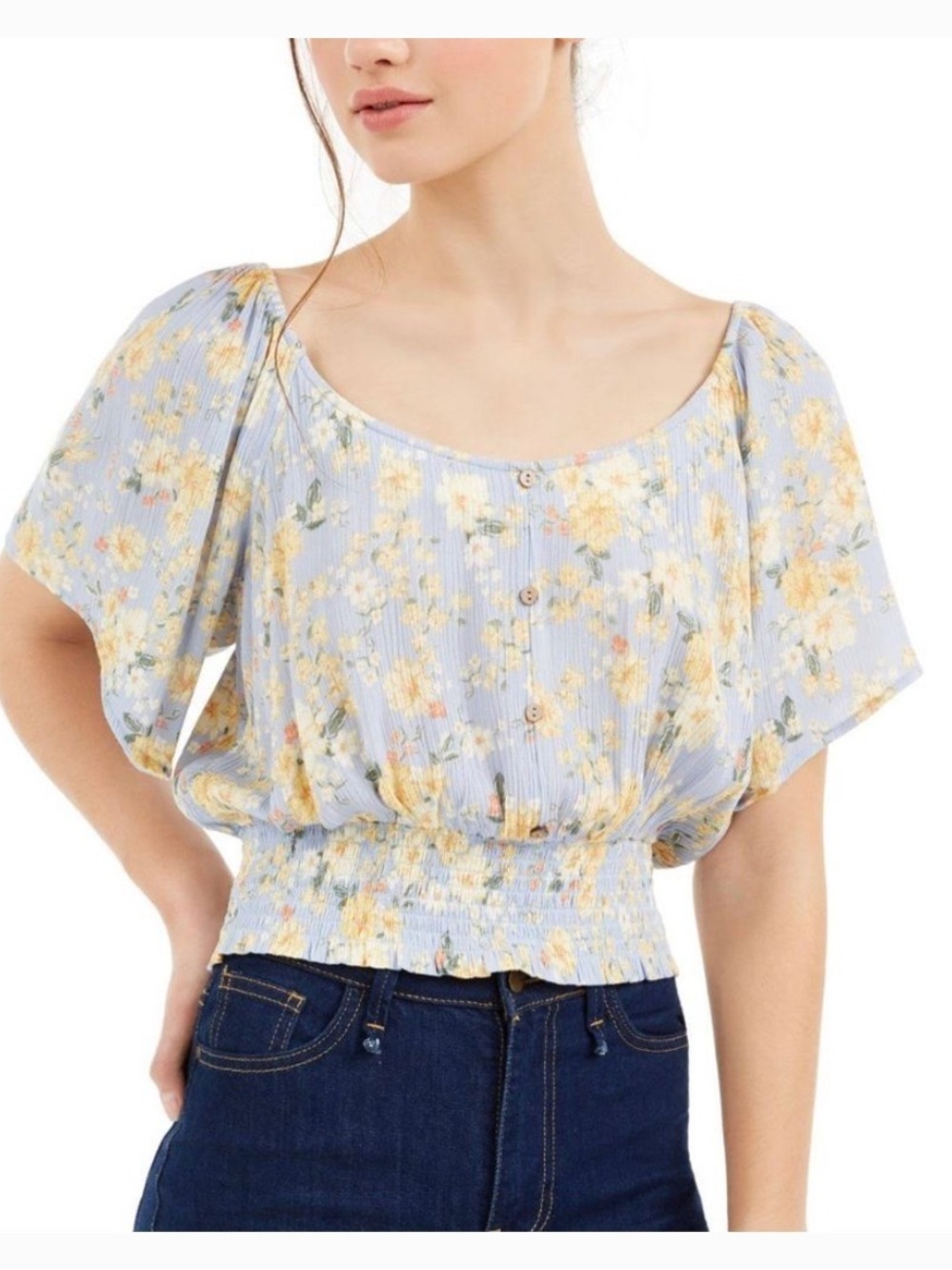 Floral Smocked Hem Flutter Sleeve Top - Blue And Yellow Floral.